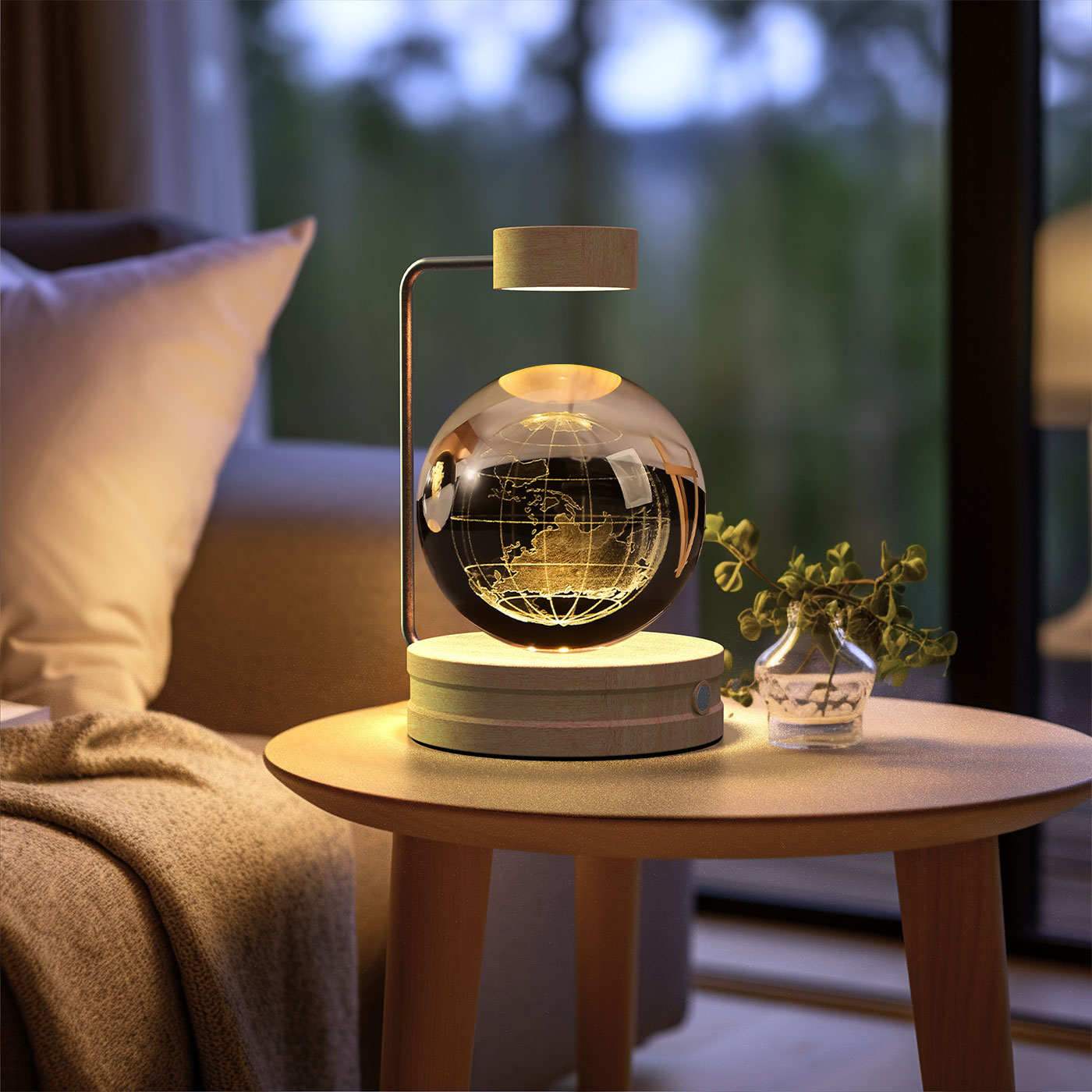 Modern decorative lamp on a small round table in a cozy living room.