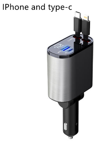Car charger with dual ports for iPhone and Type-C on a white background