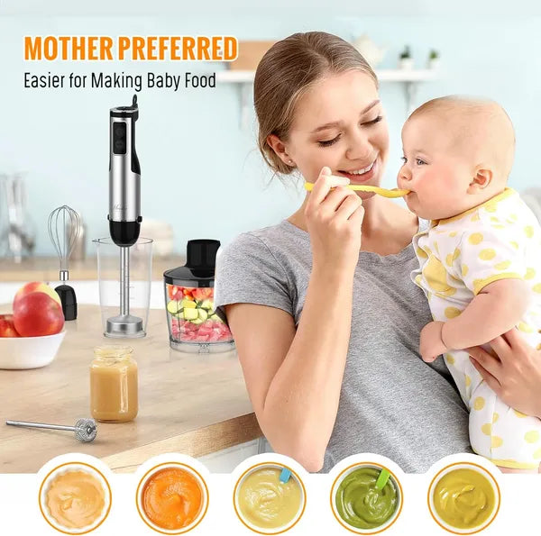 Woman feeding a baby with a spoon, surrounded by baby food preparation items on a kitchen counter.