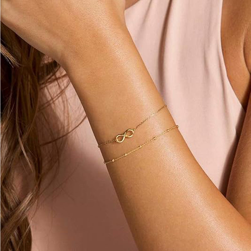 Dainty Layered Gold Bracelet for Women – 14K Gold Plated Oval Chain, Bar & Bead Adjustable