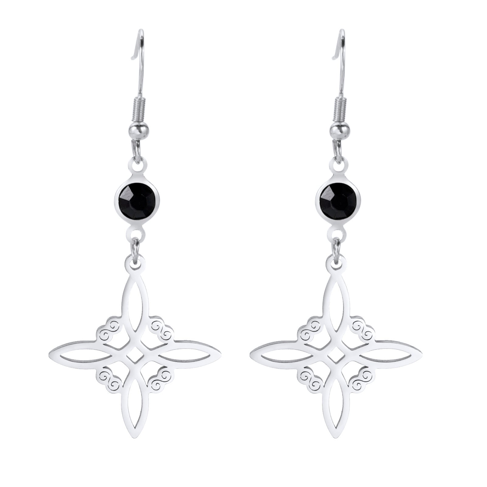 Silver earrings with black beads on a white background