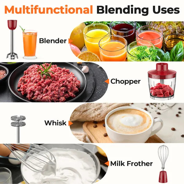 Multifunctional kitchen tool with various uses including blending, chopping, whisking, and making milkshakes.