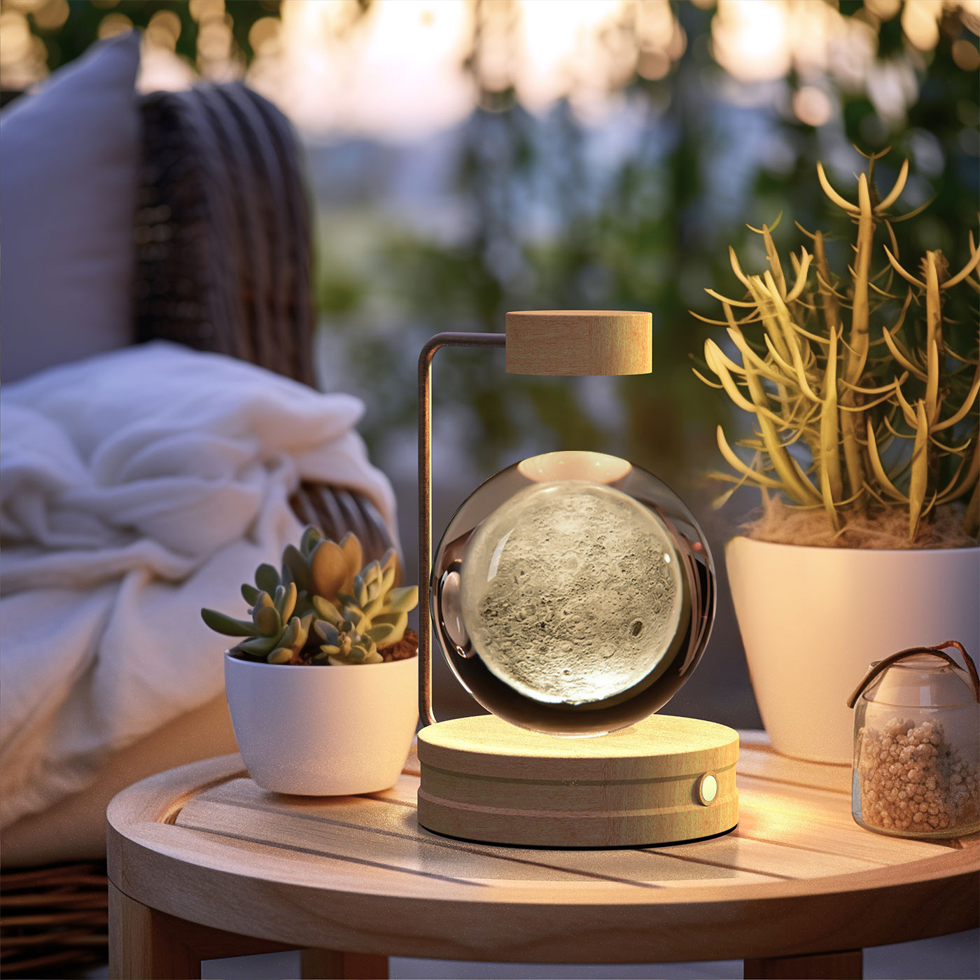 Decorative lamp on a table with plants and pillows in the background