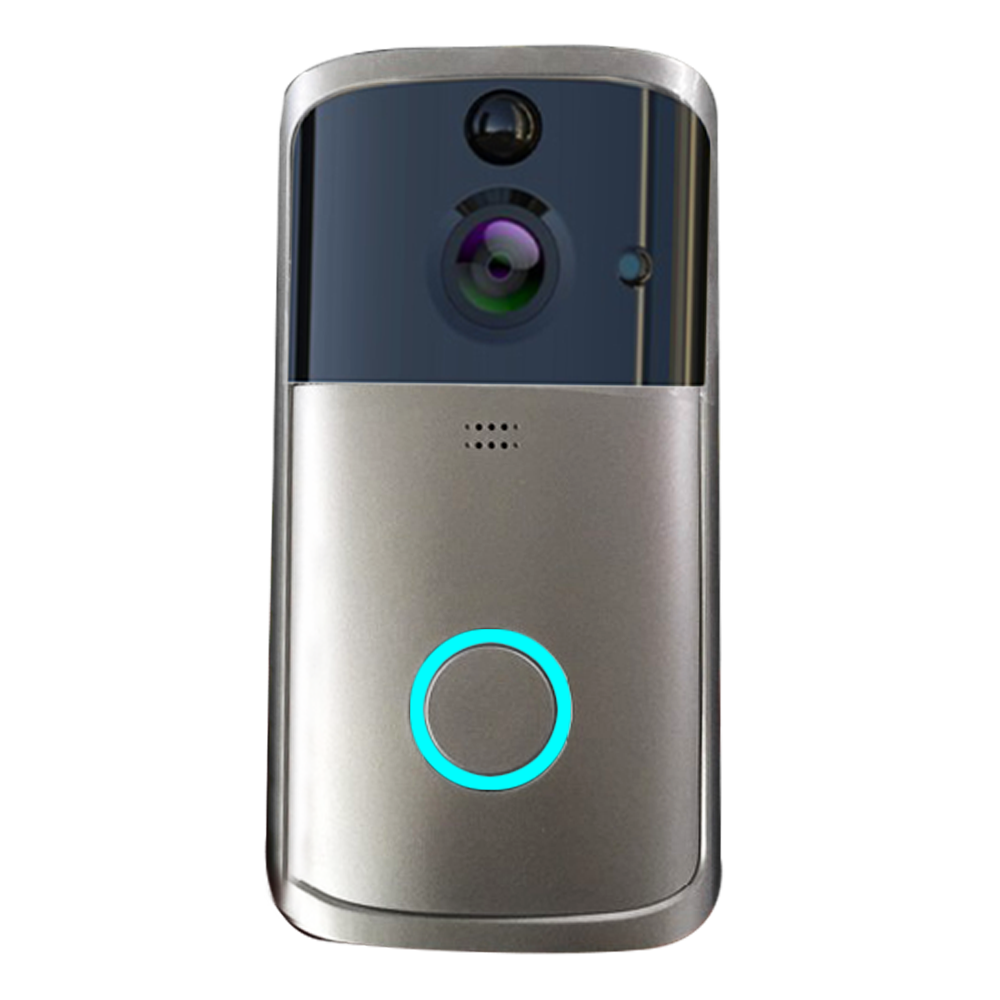 Silver video doorbell with a blue light on a white background