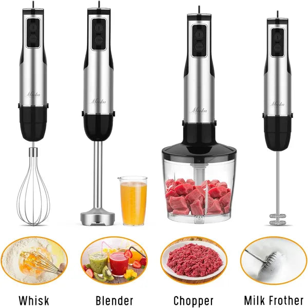 Set of four handheld blenders with attachments on a white background