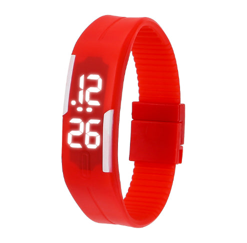 Red digital watch with a white background