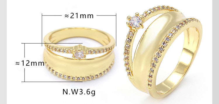 Two gold rings with measurements and weight displayed on a white background