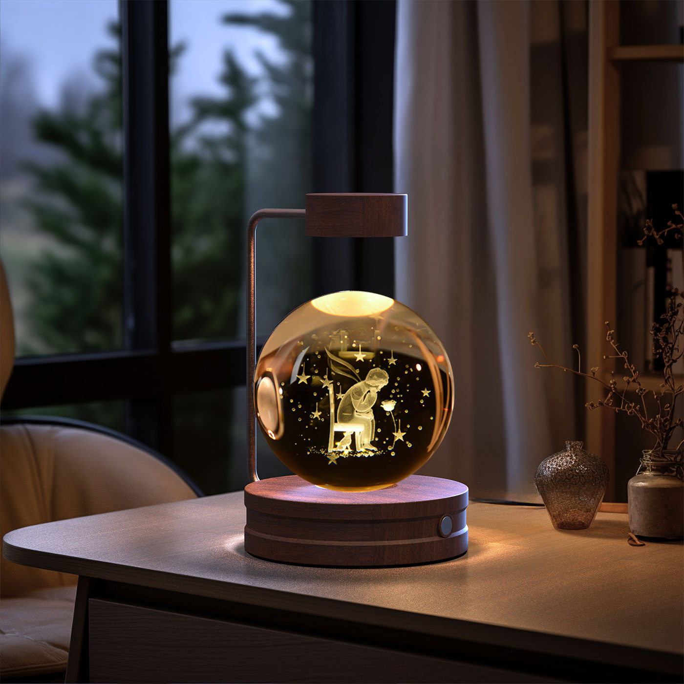 Decorative lamp with a glass sphere on a wooden table, featuring a design of a person and stars.