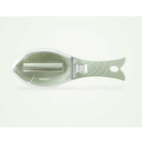 Fish-shaped green tea infuser on a light green background
