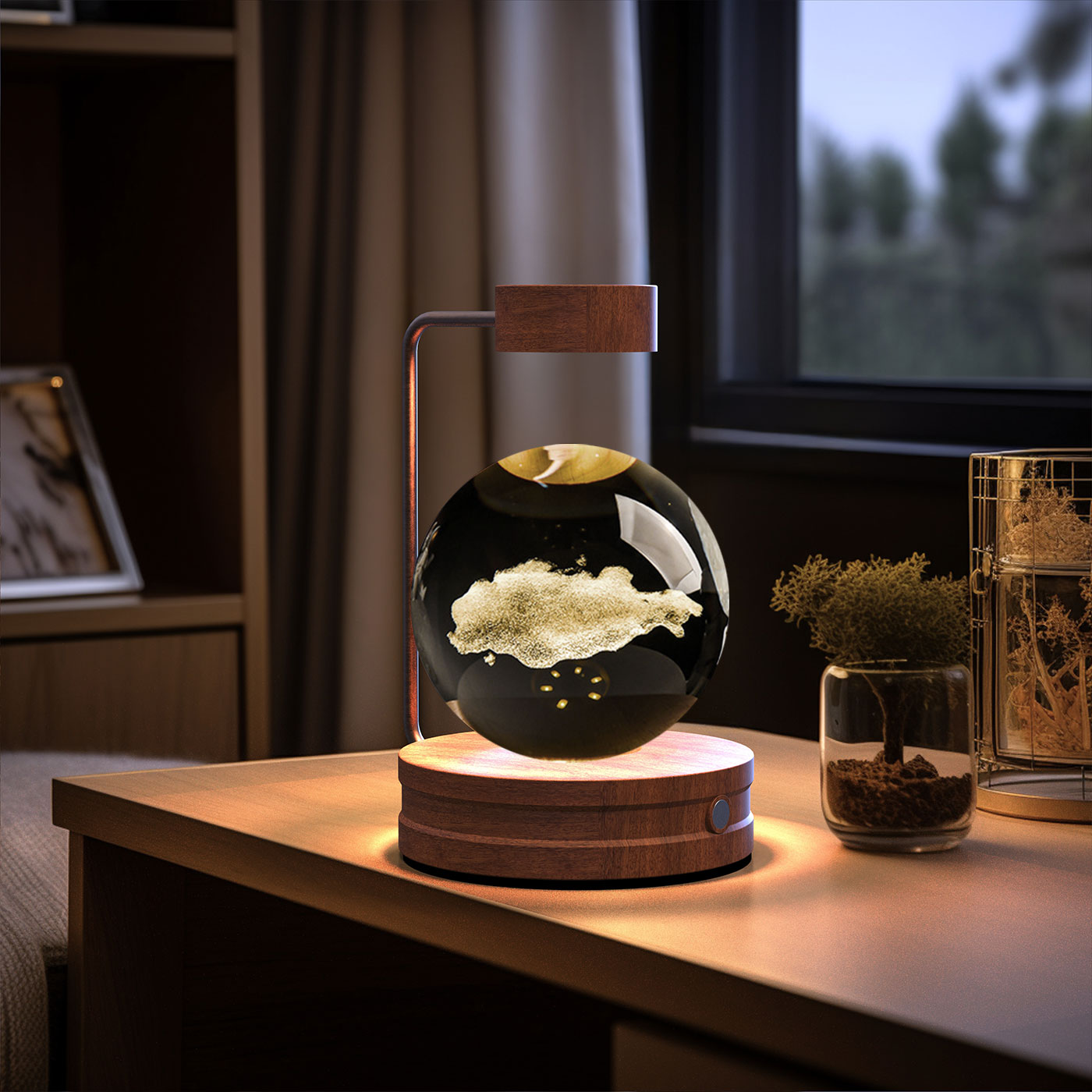 Decorative lamp on a table with a blurred background