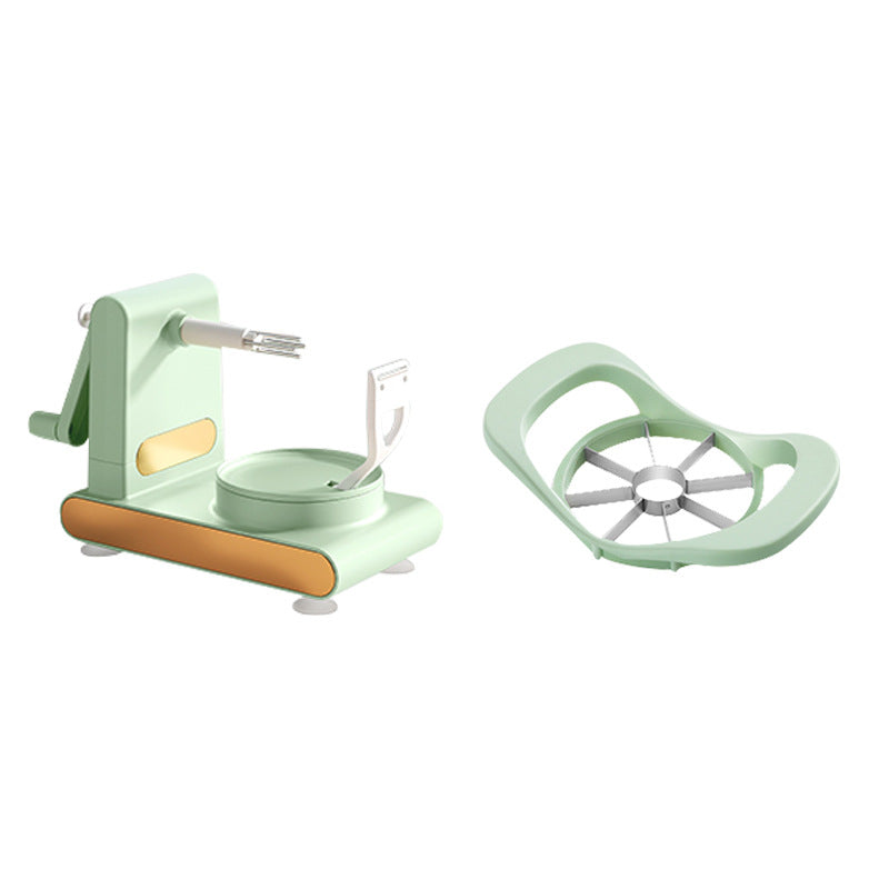 Green apple peeler with a separate apple corer on a white background
