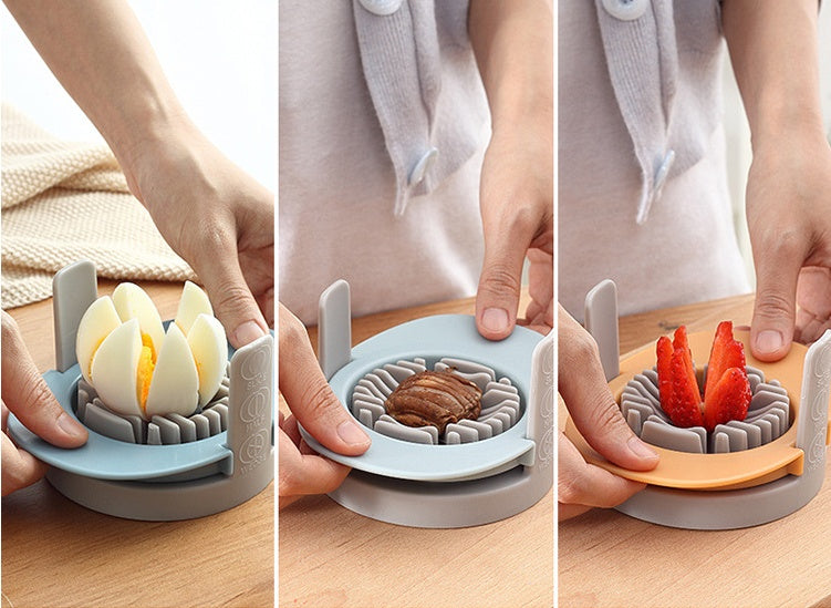 Multifunctional kitchen tool with different food items on a wooden surface