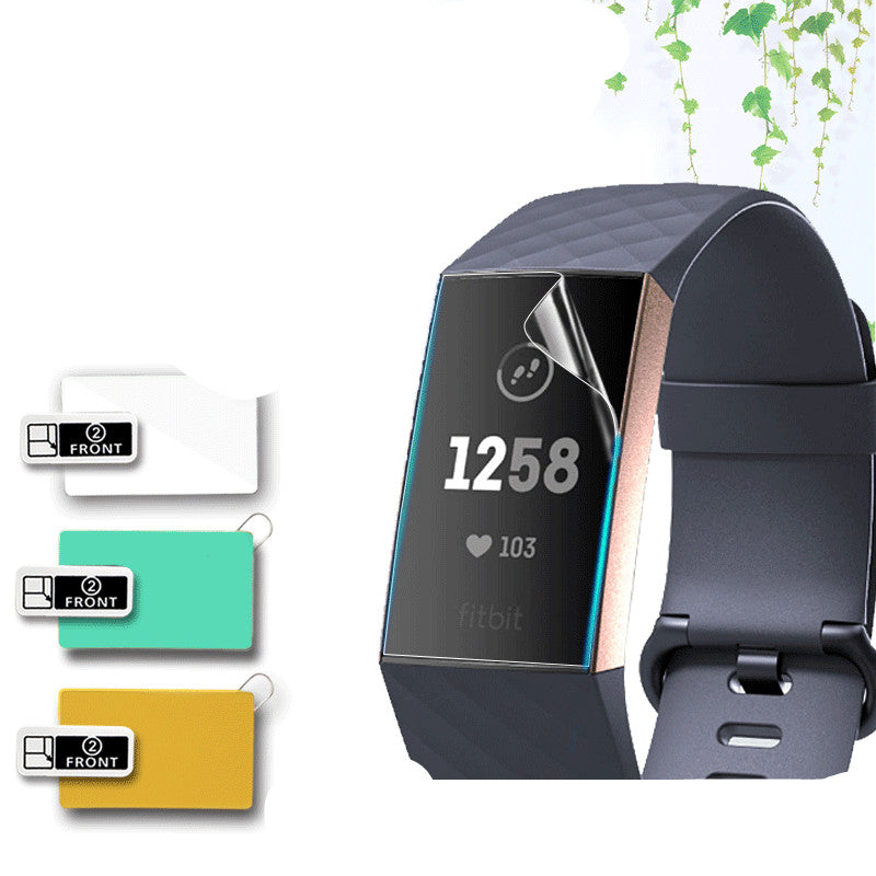 Fitbit smartwatch with screen protector and three color swatches on a white background