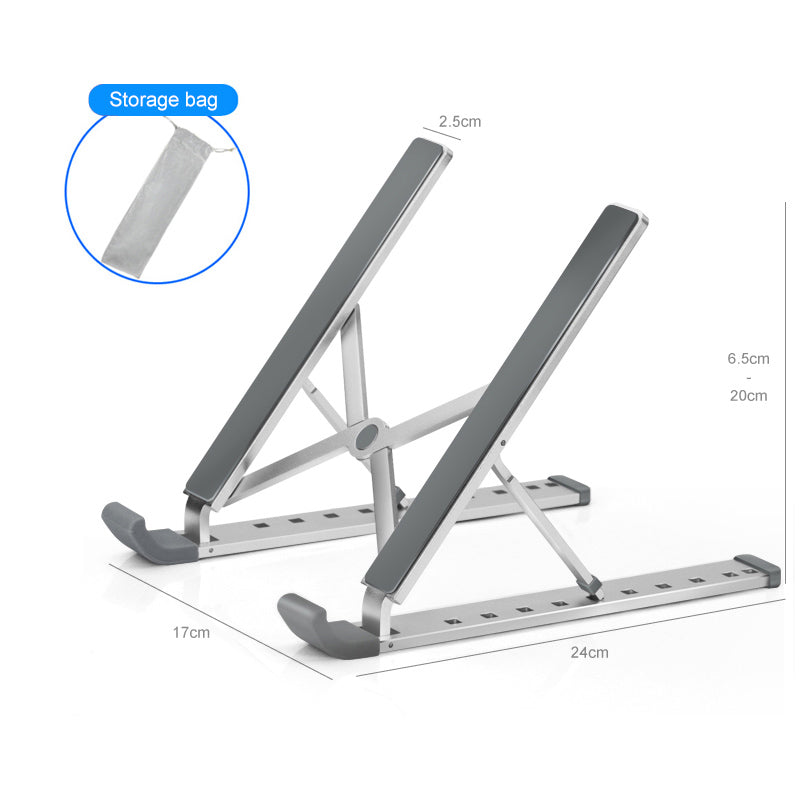 Foldable laptop stand with dimensions and storage bag illustration on a white background