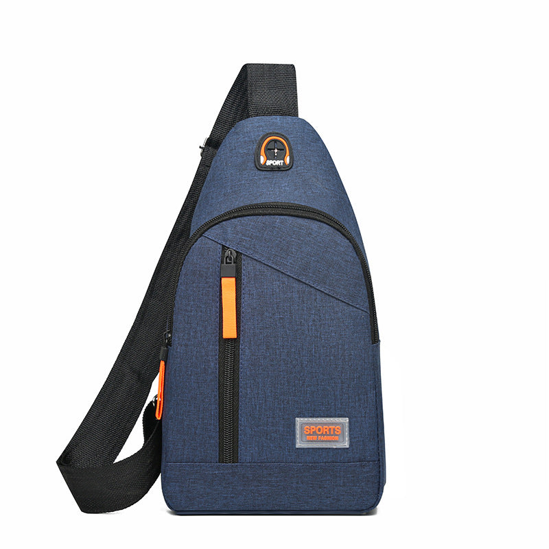 Blue sling bag with black strap and orange accents on a white background