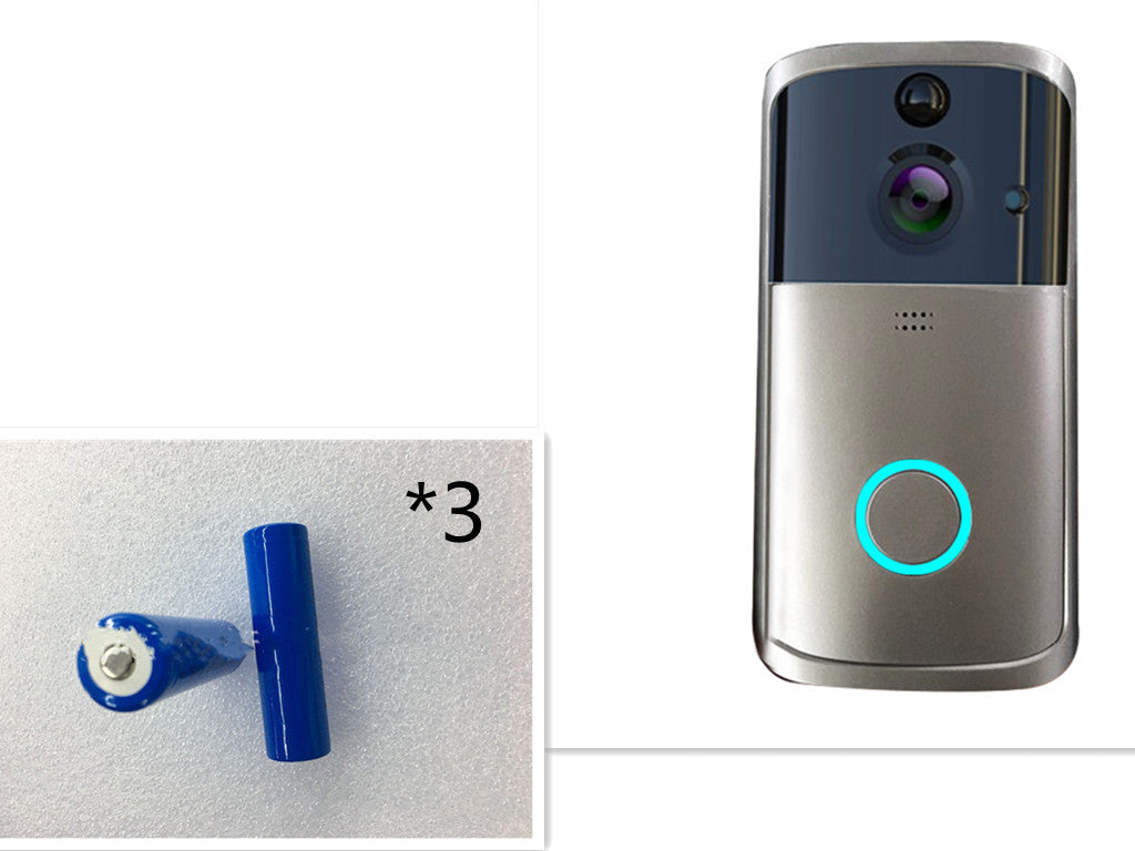 Smart doorbell with blue button and camera on a white background
