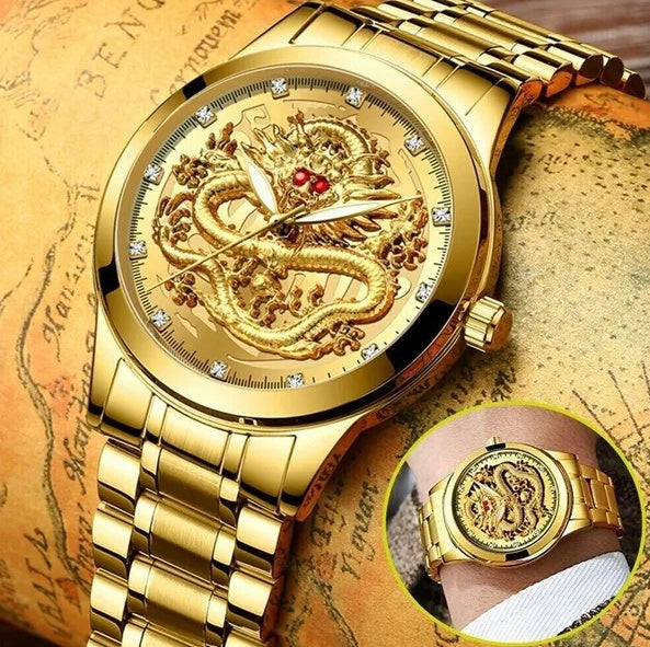 Gold wristwatch with dragon design on a vintage map background