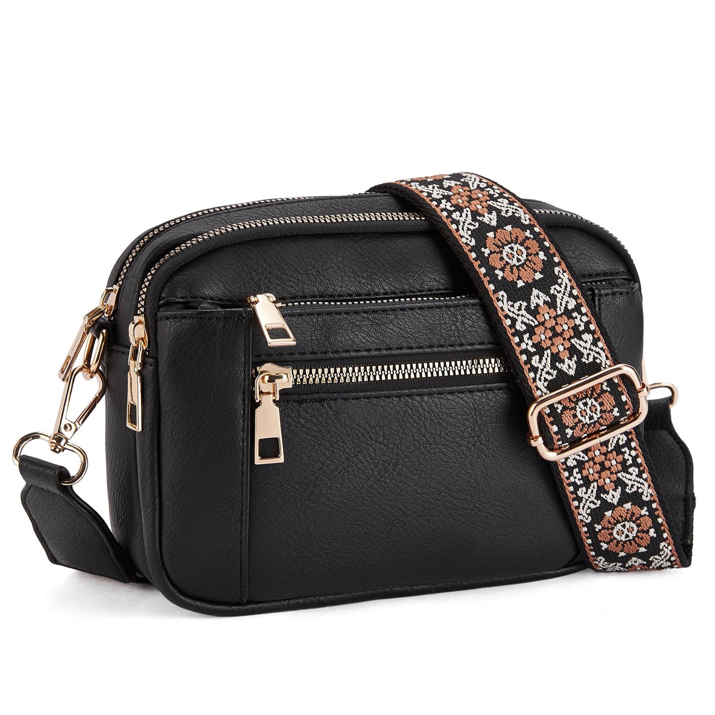 Floral Embroidered Crossbody Bag - Triple-Zip Colorblock Shoulder Bag for Women