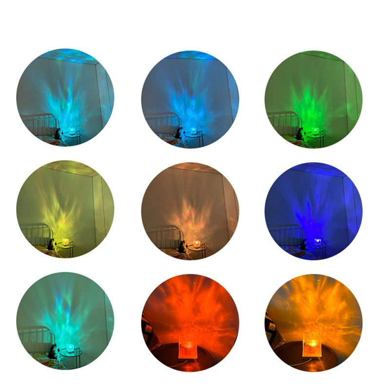 Nine circular images showing different colored lights on a white background