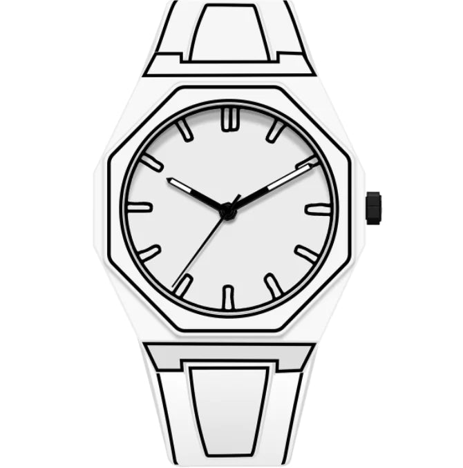 Black and white watch with a geometric design on a white background