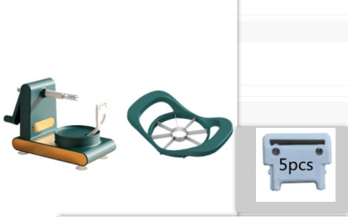 Set of gardening tools including a pruner, a wheel, and a small container on a white background.