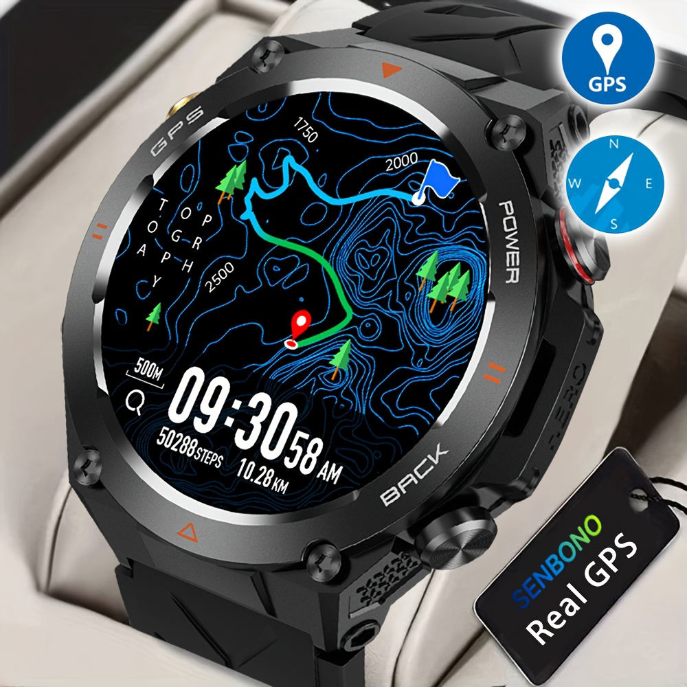 Smartwatch with a map on the screen, featuring GPS icons and a brand label.
