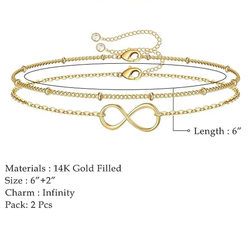 Dainty Layered Gold Bracelet for Women – 14K Gold Plated Oval Chain, Bar & Bead Adjustable