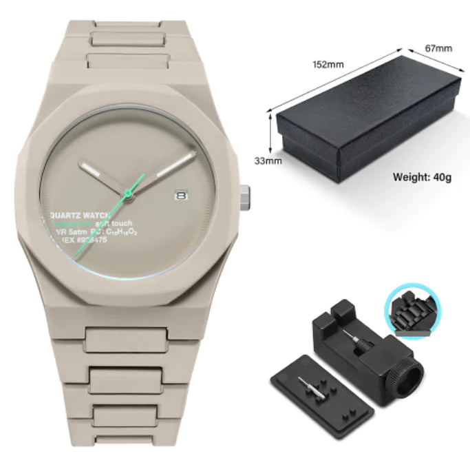 Beige watch with metal band, packaging, and additional components on a white background