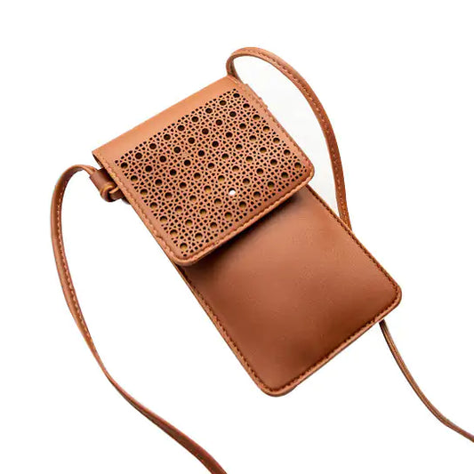 Brown leather phone pouch with textured square flap on a white background