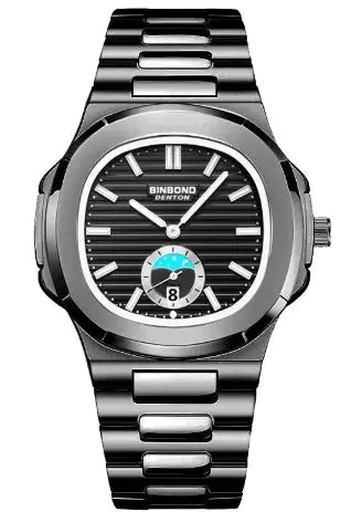 Silver wristwatch with black dial on a white background