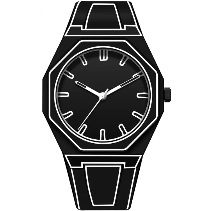 Black wristwatch with a geometric design on a white background