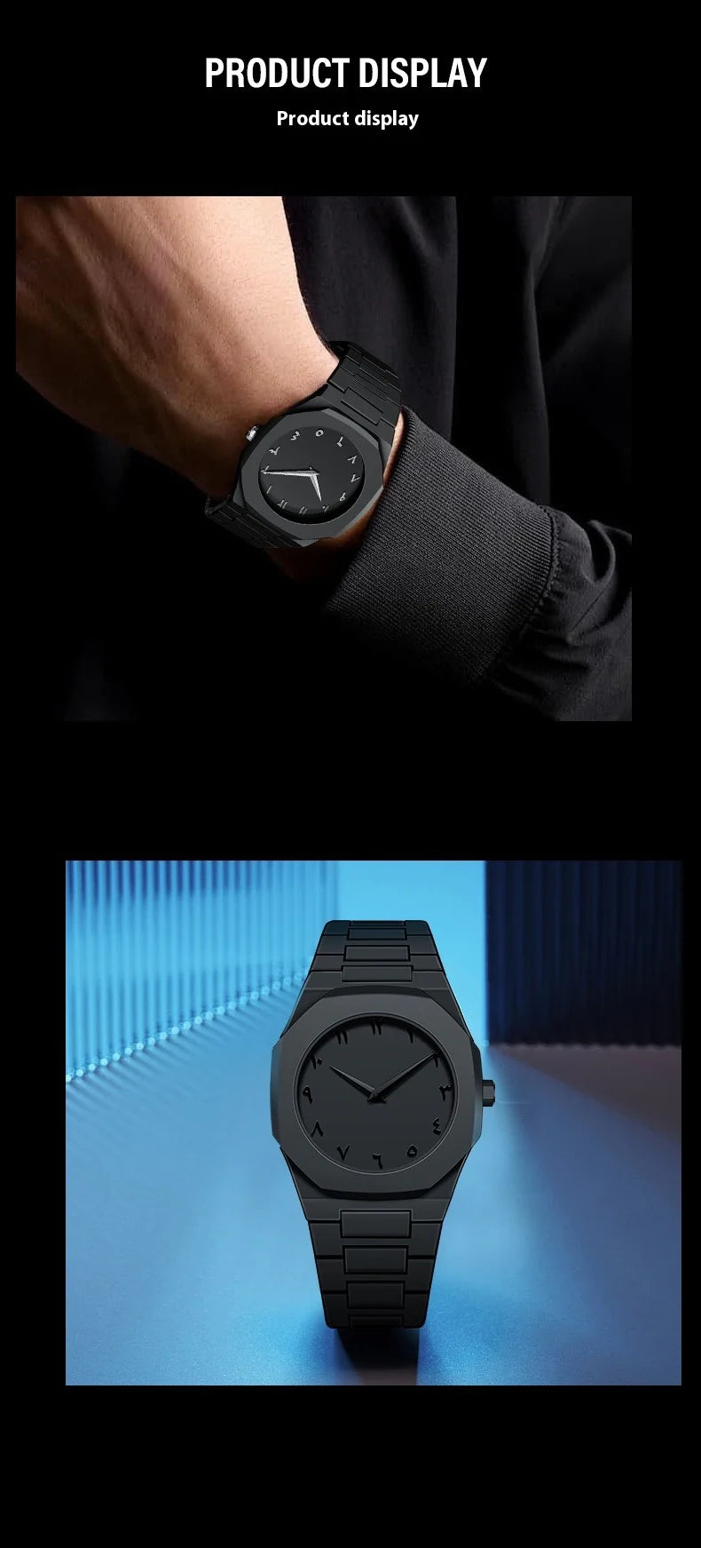 Black watch displayed on a wrist and on a blue surface with geometric background