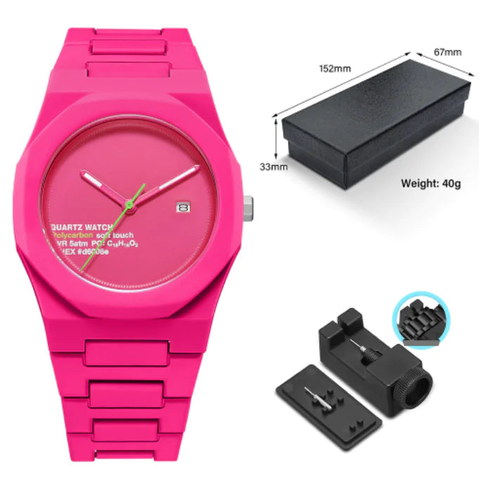 Pink watch with packaging and tools on a white background