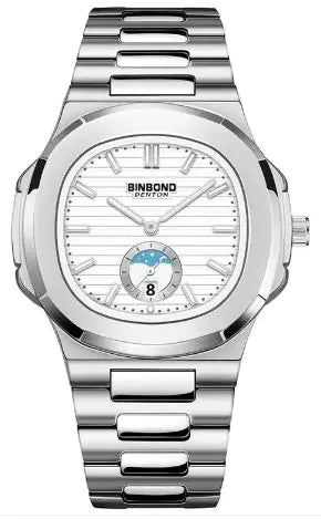 Silver watch with a detailed face on a white background