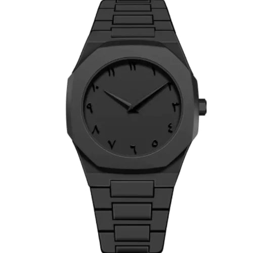Black watch with a minimalist design on a white background