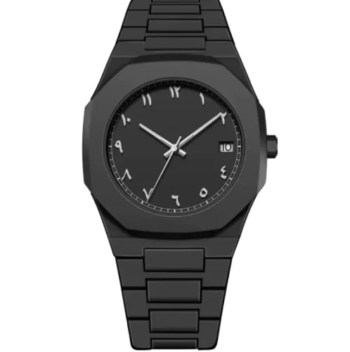 Black wristwatch with a plain background