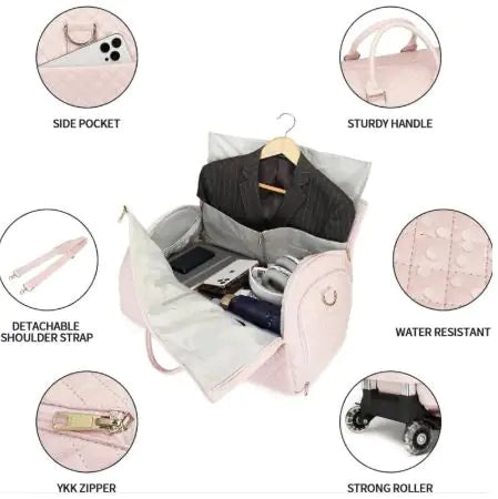 Pink travel bag with various features highlighted on a white background
