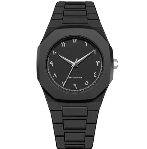 Black wristwatch with a minimalistic design on a white background