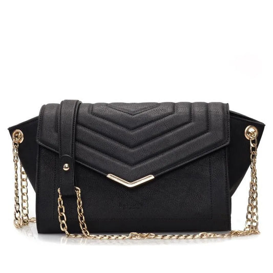 Black handbag with gold chain strap on a white background