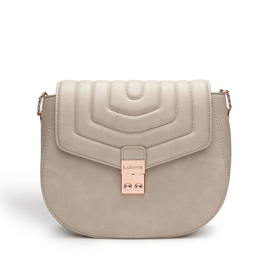 Beige handbag with a rose gold clasp on a white background