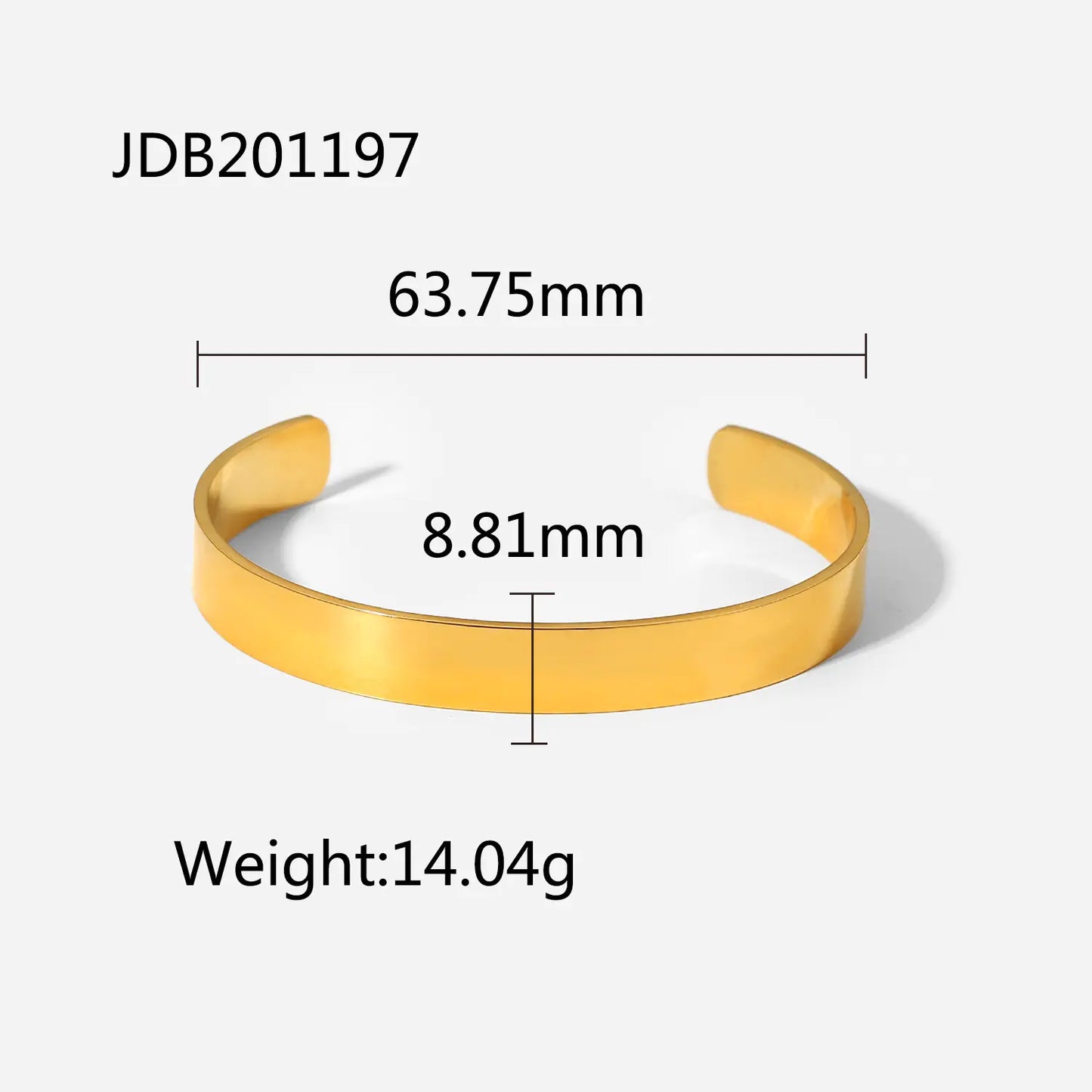Gold bracelet with measurements on a white background