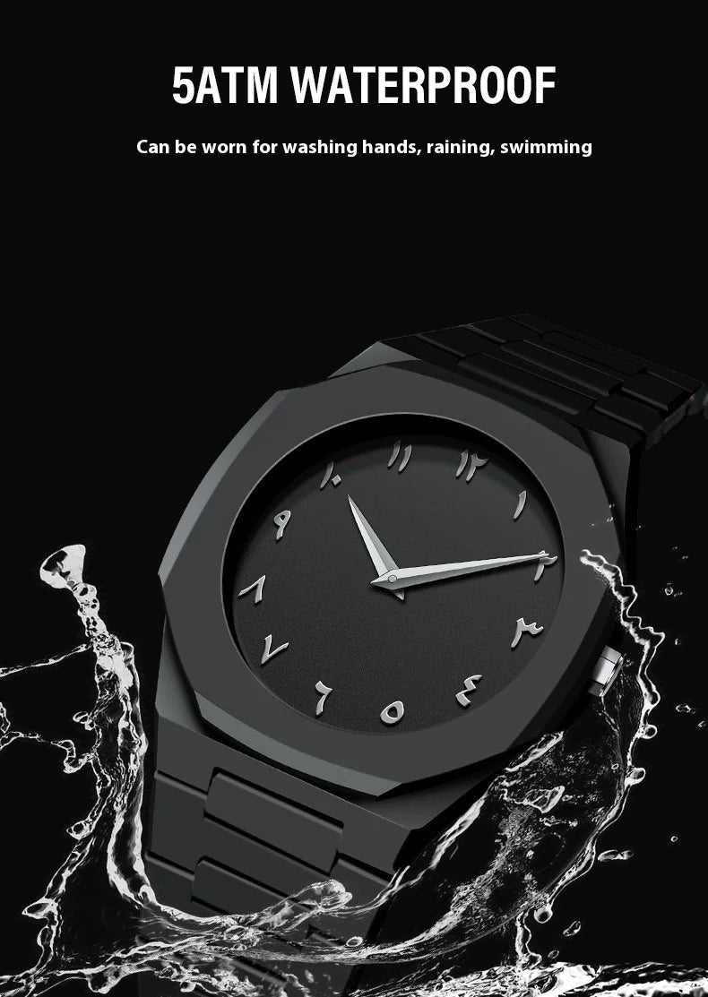 Black watch with water splashes on a black background, highlighting waterproof feature.