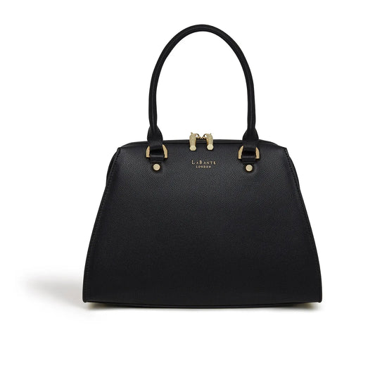 Black handbag with gold accents on a white background