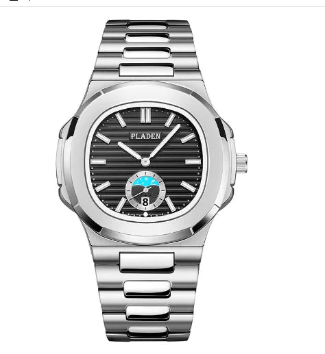 Silver watch with black face on a white background