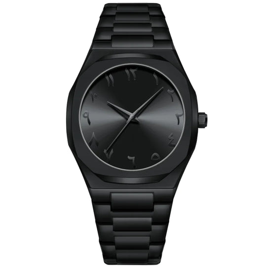 Black wristwatch with a metallic band on a white background