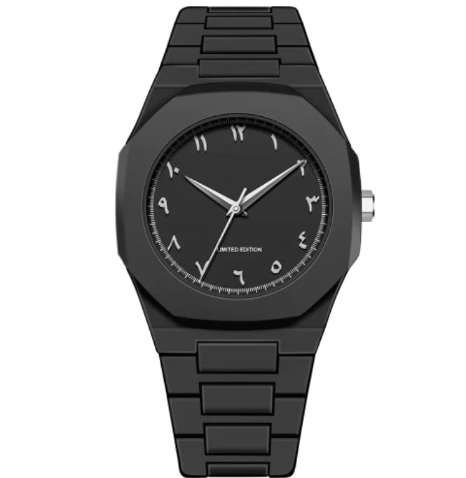 Black wristwatch with a minimalistic design on a white background