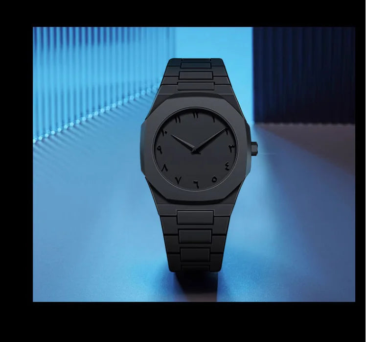 Black watch on a reflective surface with blue lighting