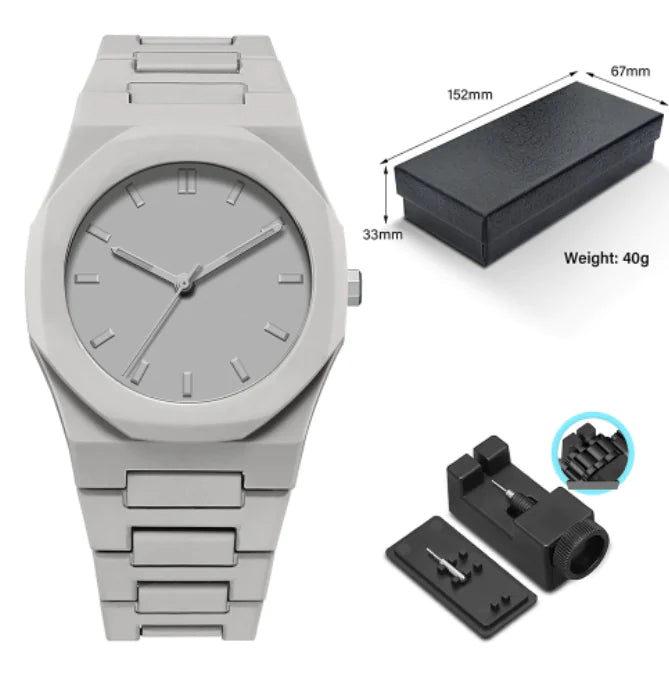 Gray watch with metal band, packaging, and additional components on a white background