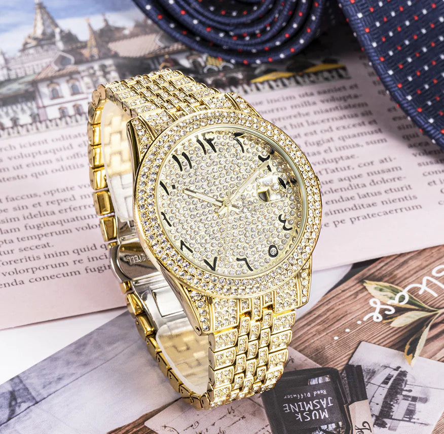 Gold watch with diamond accents on a newspaper background