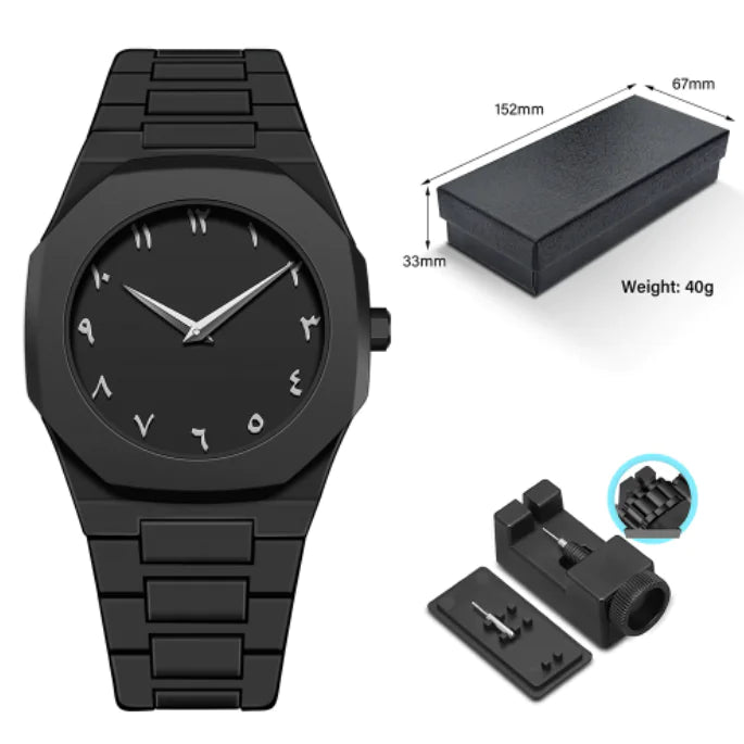 Black watch with packaging and additional components on a white background